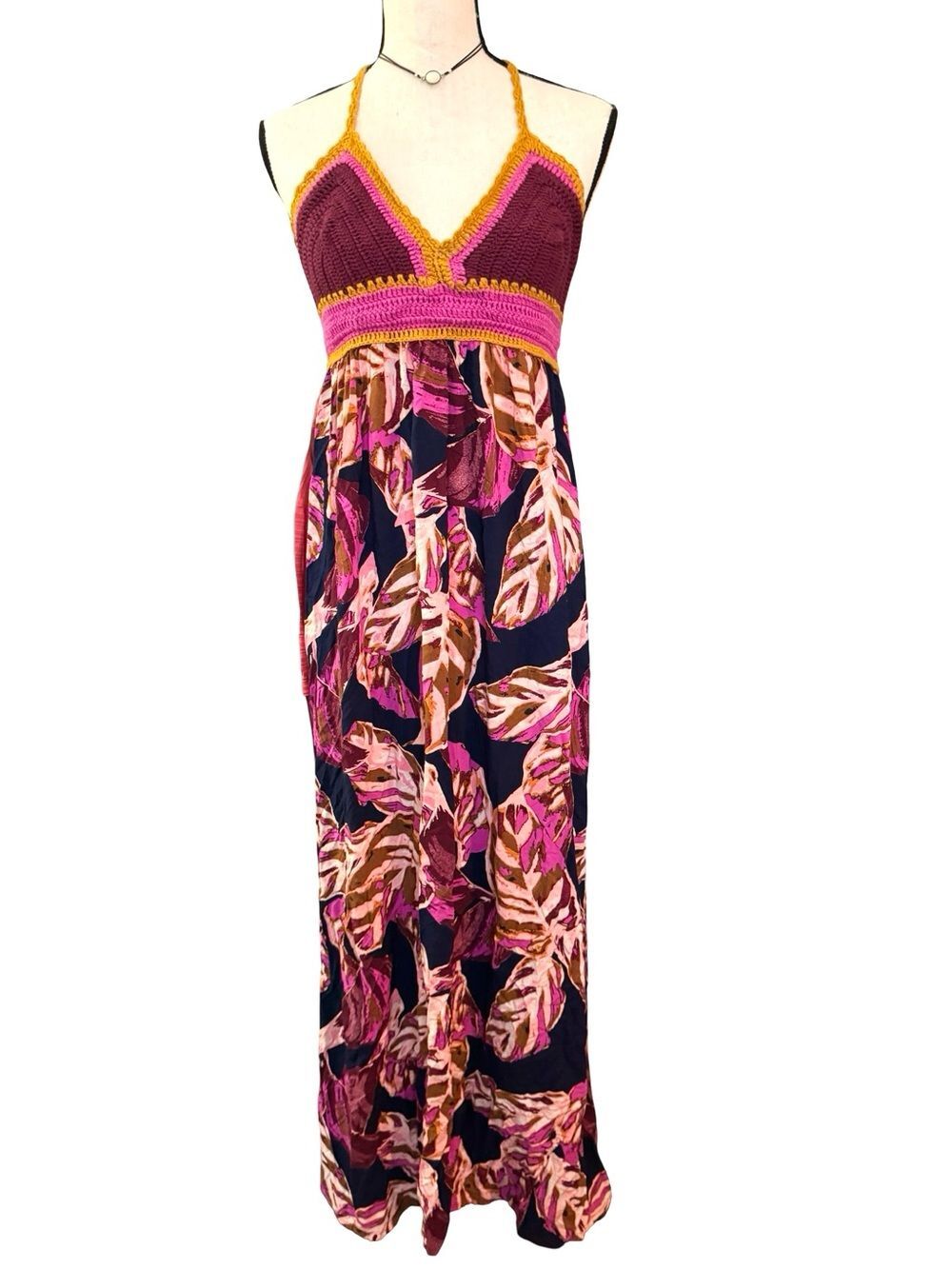 Mossimo Crochet Halter Maxi Dress Tropical Floral Boho Festival Medium Plum Pink